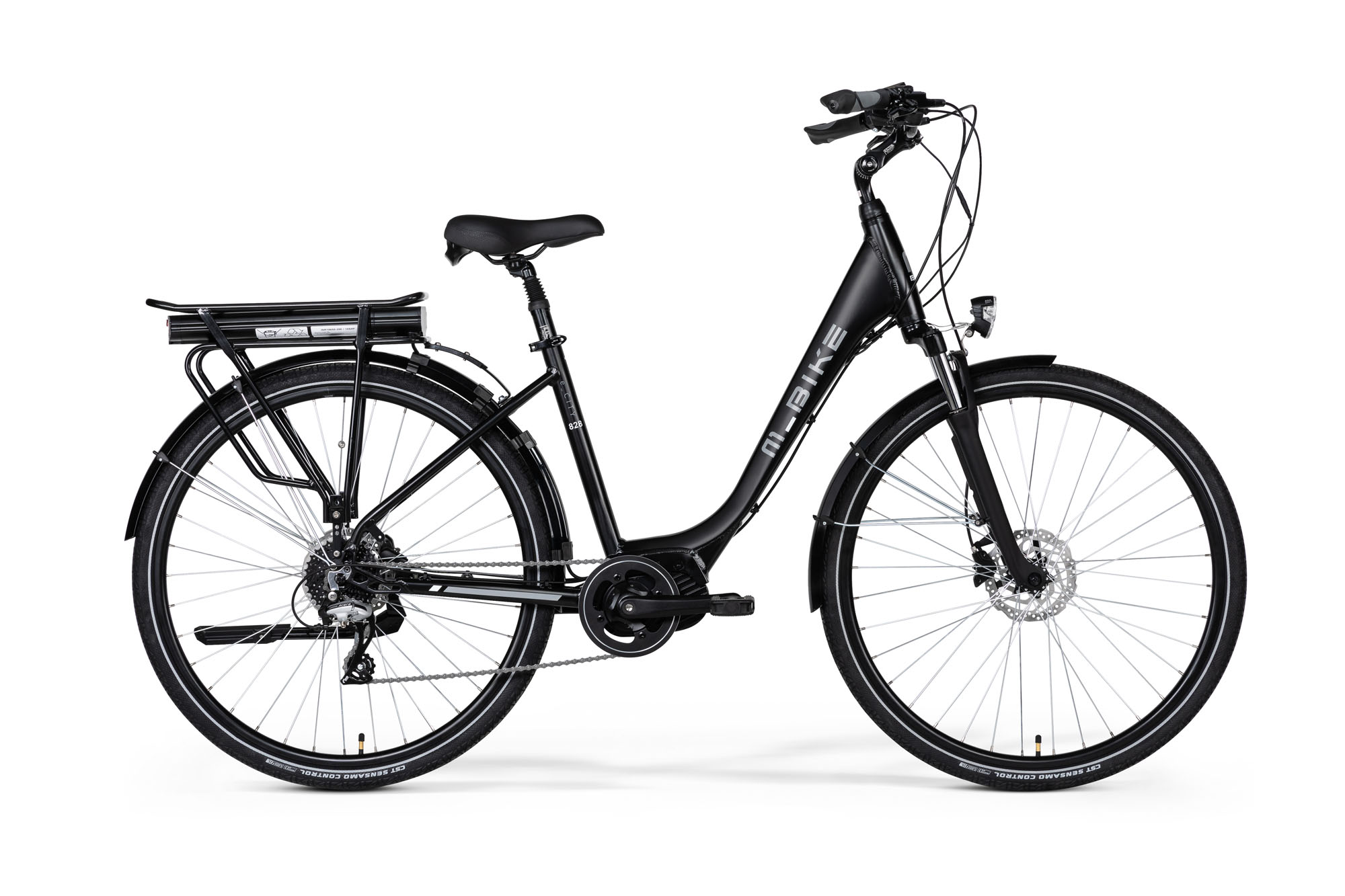M-BIKE E-CITYLINE 828, SELYEM FEKETE 42cm, 28'', BAFANG középmotor, akku csomagtartón